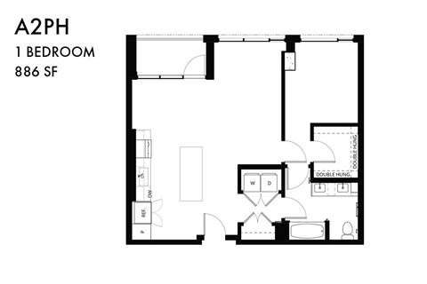 Floor plan for 1 bed, 1 bath, 885 sqft